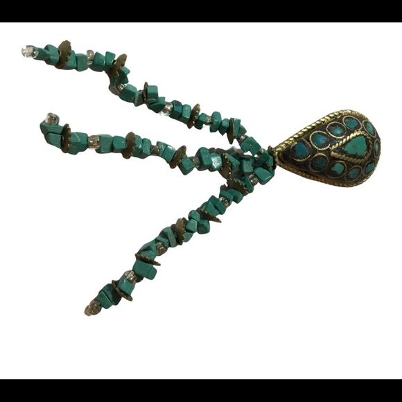 VINTAGE Turquoise and gold tone with bead tassels brooch pin - Picture 1 of 5